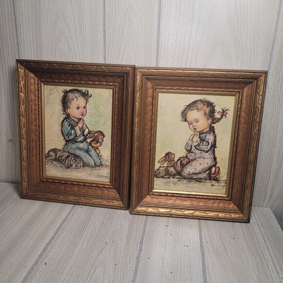 Vtg Ornate Gold Framed Boy & Girl Praying Prints Framed Art Nursery Room Decor - Picture 2 of 10